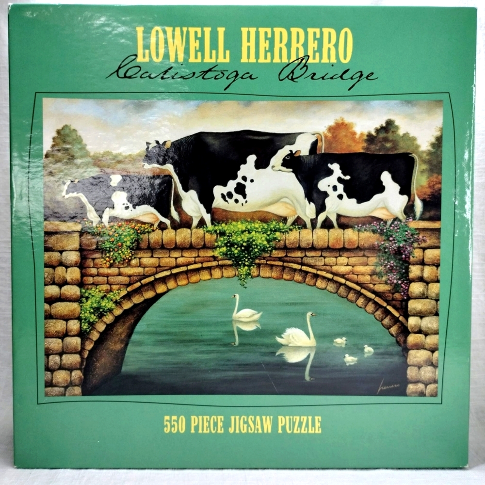 Caeco Lowell Herrero Calistoga Bridge 550 Jigsaw Puzzle - Cows Crossing a Bridge